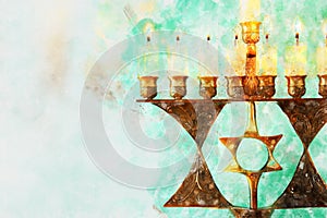 watercolor style and abstract image of jewish holiday Hanukkah with menorah & x28;traditional candelabra