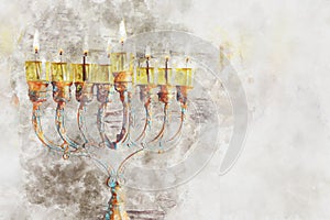 watercolor style and abstract image of jewish holiday Hanukkah with menorah & x28;traditional candelabra