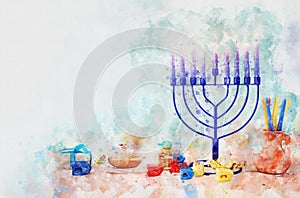 watercolor style and abstract image of jewish holiday Hanukkah with menorah & x28;traditional candelabra