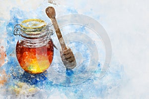 Watercolor style and abstract image of rosh hashanah jewesh holiday concept - honey traditional symbol