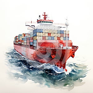 Watercolor-Style a aerial View Of Container Cargo Ship In Sea with White Background