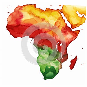 Watercolor-Style African continent, Africa colored in red yellow green colors with White Background