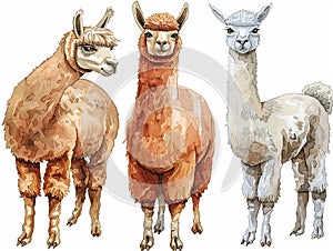 watercolor style alpaca clip art , cartoon style, different poses, white background for cutout