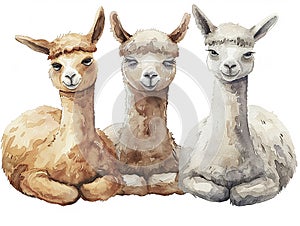 watercolor style alpaca clip art , cartoon style, different poses, white background for cutout