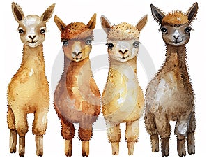 watercolor style alpaca clip art , cartoon style, different poses, white background for cutout