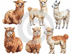 watercolor style alpaca clip art , cartoon style, different poses, white background for cutout