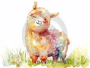 watercolor style alpaca clip art , cartoon style, different poses, white background for cutout