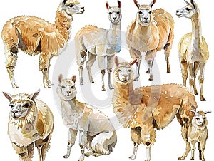 watercolor style alpaca clip art , cartoon style, different poses, white background for cutout