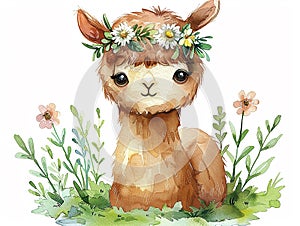 watercolor style alpaca clip art , cartoon style, different poses, white background for cutout