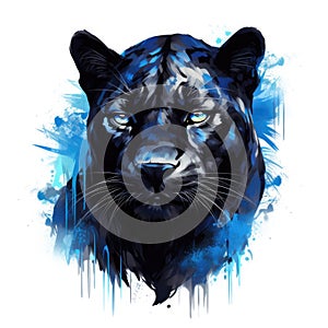 Watercolor-Style Black Panther Glowing Blue Glowing Eyes with White Background