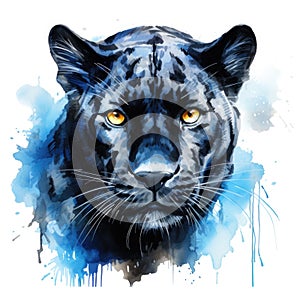 Watercolor-Style Black Panther Glowing Blue Glowing Eyes with White Background