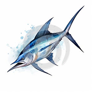 Watercolor Style Blue Marlin Fish Clipart On White Background