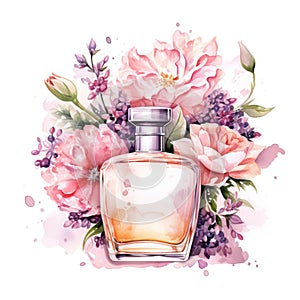 Watercolor-Style bottle of perfume with flowers with White Background