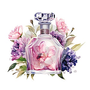 Watercolor-Style bottle of perfume with flowers with White Background