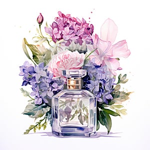 Watercolor-Style bottle of perfume with flowers with White Background