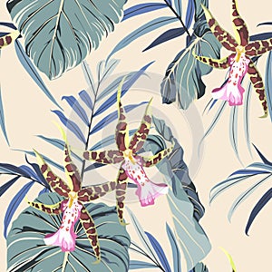 Watercolor style Cambria orchid flowers and many kind of exotic blue palm leaves seamless pattern.