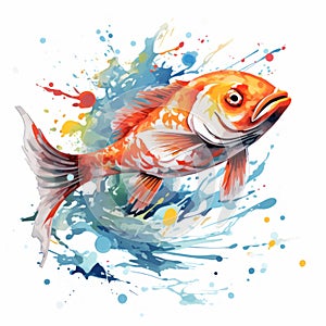Watercolor Style Clipart Of An Orange Fish With Splashes photo