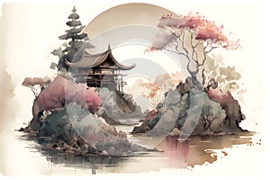 Watercolor style drawing of Japanese landscape with garden and house of traditional architecture.