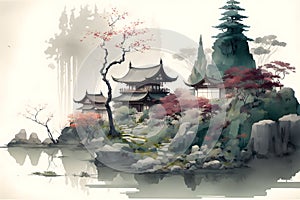 Watercolor style drawing of Japanese landscape with garden and house of traditional architecture.