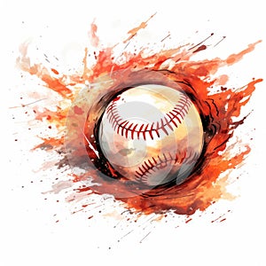 Watercolor-Style flying Baseball Ball in Fire Trail with White Background