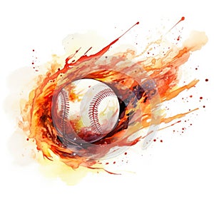 Watercolor-Style flying Baseball Ball in Fire Trail with White Background
