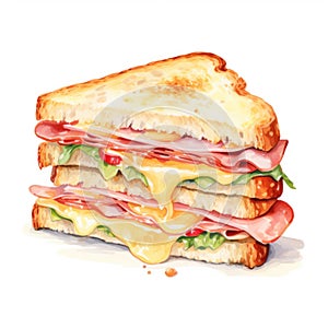 Watercolor-Style ham and cheese sandwich with White Background