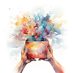 Watercolor-Style a hands open a box full of memories, illustration with White Background