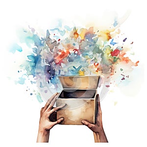 Watercolor-Style a hands open a box full of memories, illustration with White Background