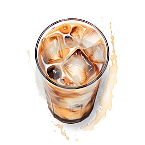 Watercolor-Style iced coffee top view with White Background