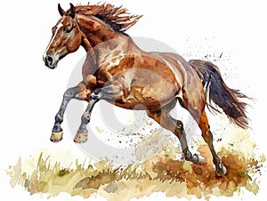 Watercolor style illustration of amazing brown jumping horse jumping a very high hurdle,