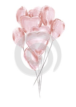 Watercolor style illustration of a bunch of pink balloons on the white flat background