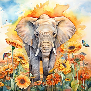 Watercolor style illustration of an elephant walking through a field of sunflowers and wildflowers