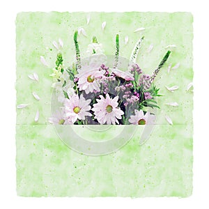 Watercolor style illustration of pink flowers over green background