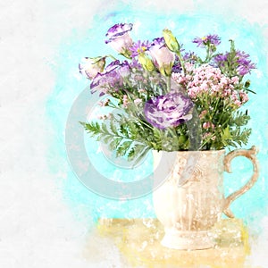 watercolor style illustration of purple flowers in the vase.