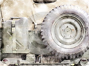 Watercolor style image of the rear of an old United States World War II vehicle close up with details of military equipment