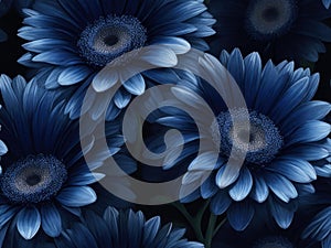 Watercolor style indigo blue color sunflowers seamless pattern