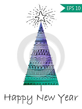 Watercolor-style isolated vector illustration of Christmas or New Year Tree. Whith hand-drawn elements . On white
