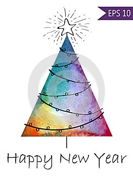 Watercolor-style isolated vector illustration of Christmas or New Year Tree. Whith hand-drawn elements . On white