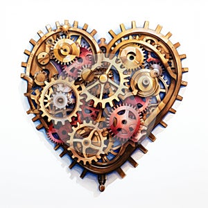 Watercolor-Style mechanical steampunk heart with gears and cogs with White Background