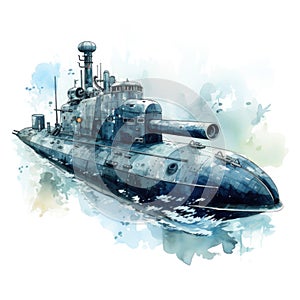 Watercolor-Style naval submarine submerge deep underwater with White Background