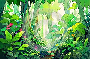 Watercolor style scene of a dense forest filled with lush green trees