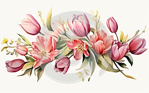 watercolor style set of floral bouquet , leaves and branches, tulips, soft colors , wreath , white background cut out