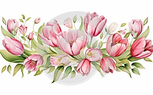 watercolor style set of floral bouquet , leaves and branches, tulips, soft colors , wreath , white background cut out