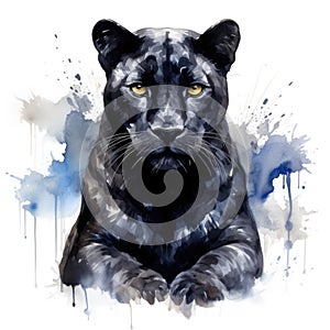 Watercolor-Style sitting black panther with White Background