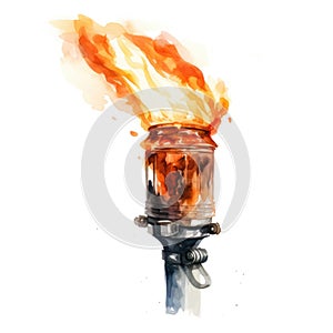 Watercolor-Style torch with fire with White Background