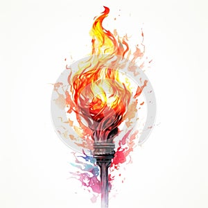 Watercolor-Style torch with fire with White Background