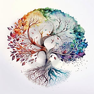 Watercolor style tree of life, mythological sacred tree, spiritual life concept. Generative AI