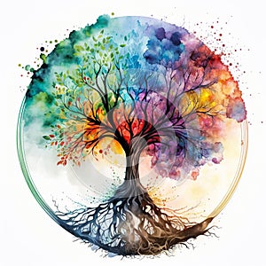 Watercolor style tree of life, mythological sacred tree, spiritual life concept. Generative AI