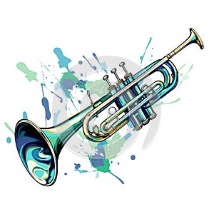 Watercolor style trumpet, with paint splashes. Green and blue colors. Isolated on white.