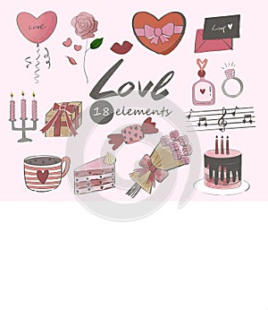 Watercolor style Valentines Day elements